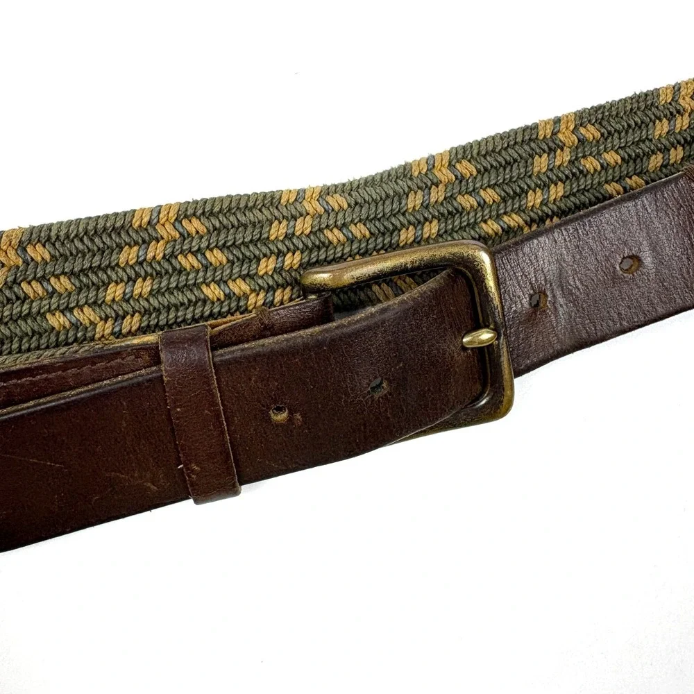VTG J Crew Woven Rope Belt Mens Sz M Green Khaki Brown Leather Stretch Military